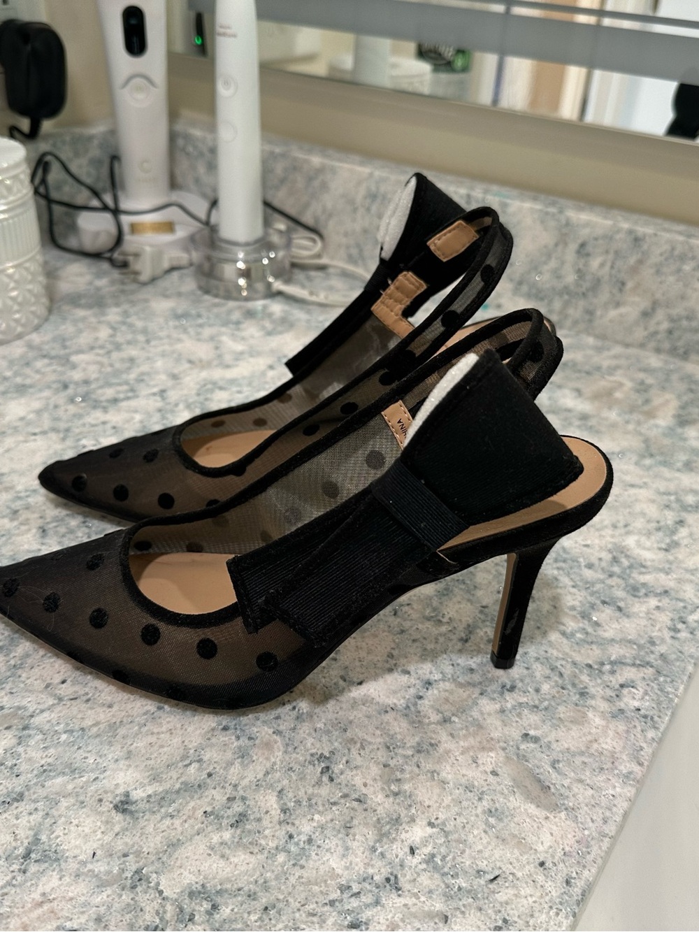 INC International Concepts Black Polka Dot Mesh Slingback Heels with Bow